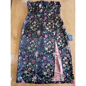 Lulus Size XL Black Satin Floral Jacquard Strapless Midi Dress NWT Metallic